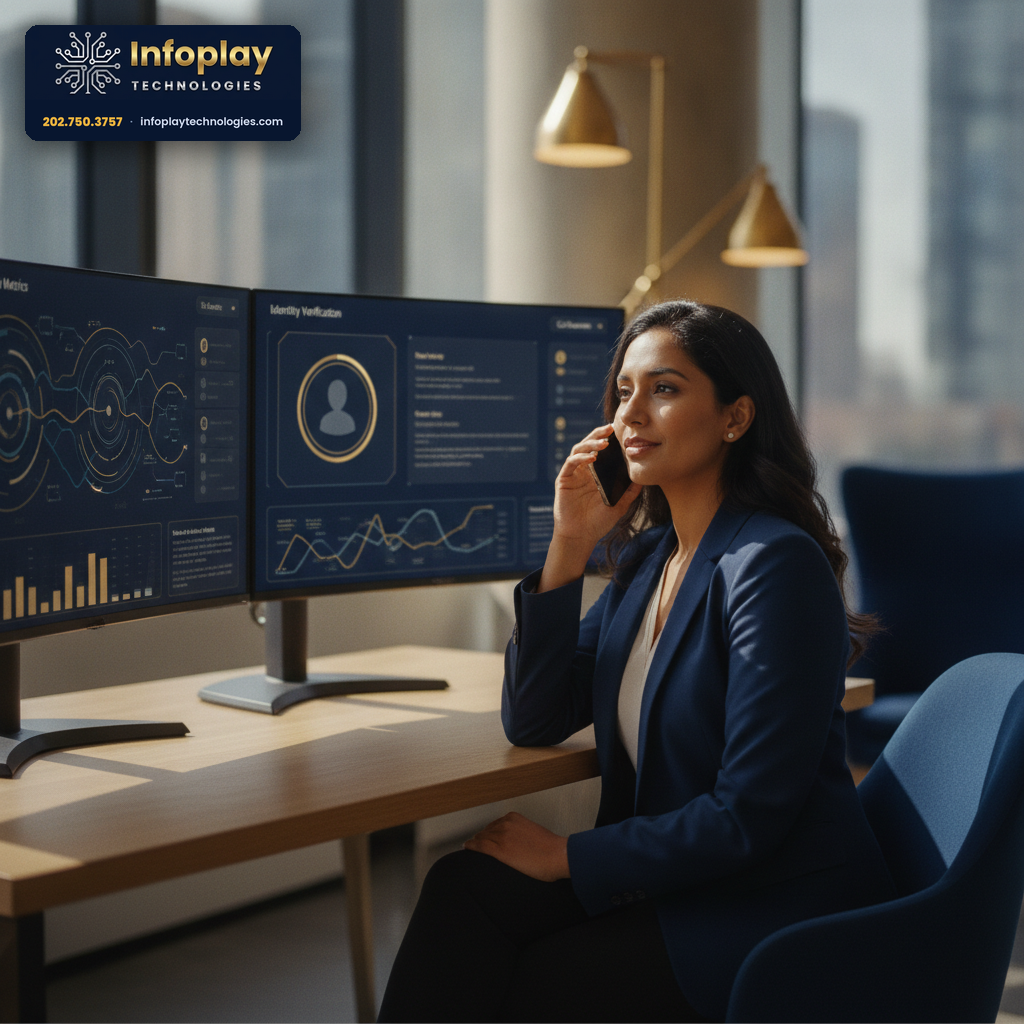 A small-business professional holding a phone to verify a caller while security dashboards show on two monitors