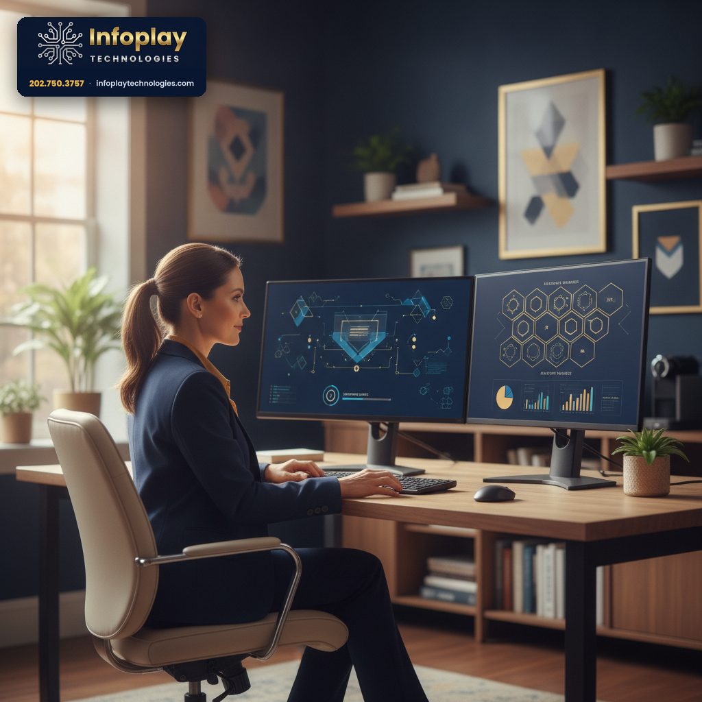 A small-business professional reviewing clean security dashboards on two monitors