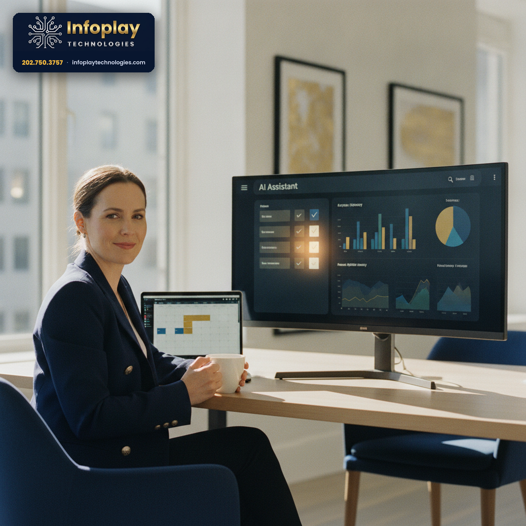 AI assistant dashboard completing tasks for a small business