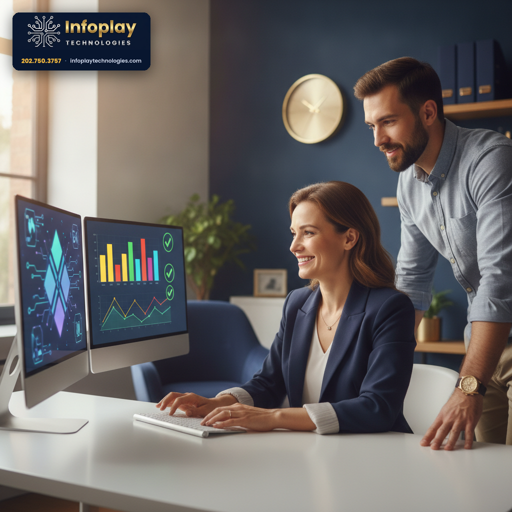 Two colleagues reviewing analytics dashboards together