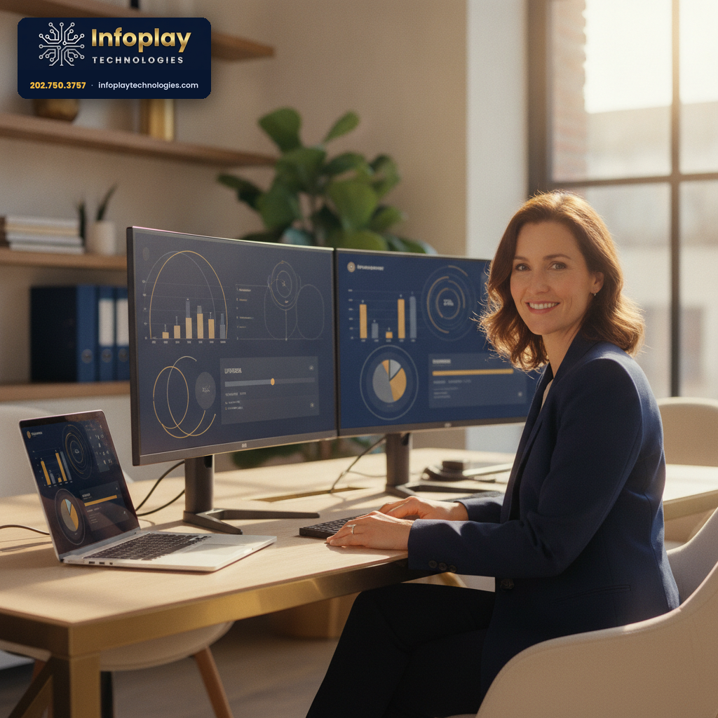 A small-business professional reviewing device inventory and upgrade dashboards on two monitors